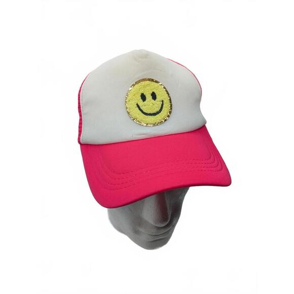 Smiley Face Baseball Hat Cap Glittery Sparkly Pink White OSFA Snapback Trucker - Picture 1 of 6